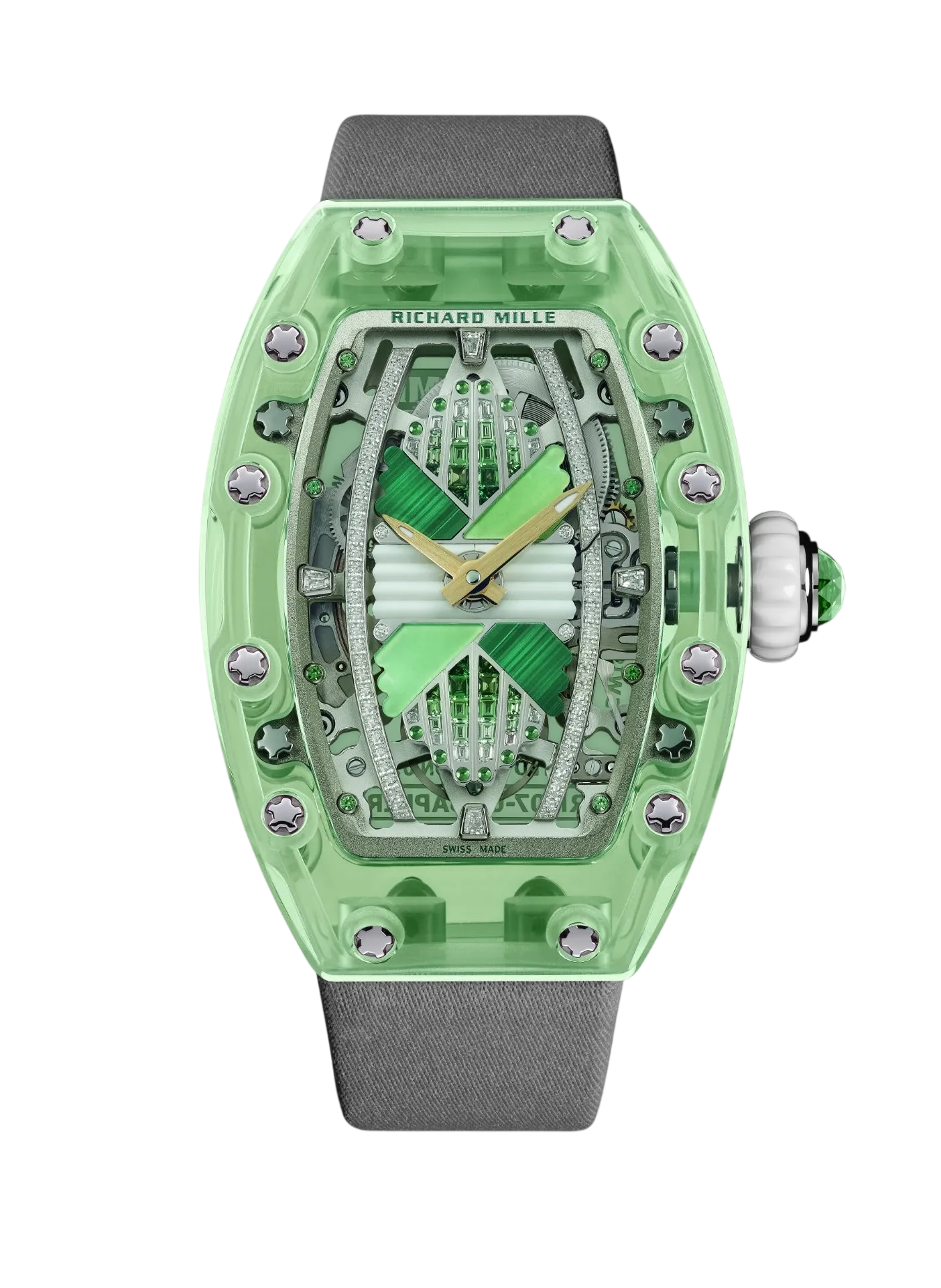 Richard Mille RM 07-02 green sapphire automatic luxury watch with skeleton movement and tonneau case