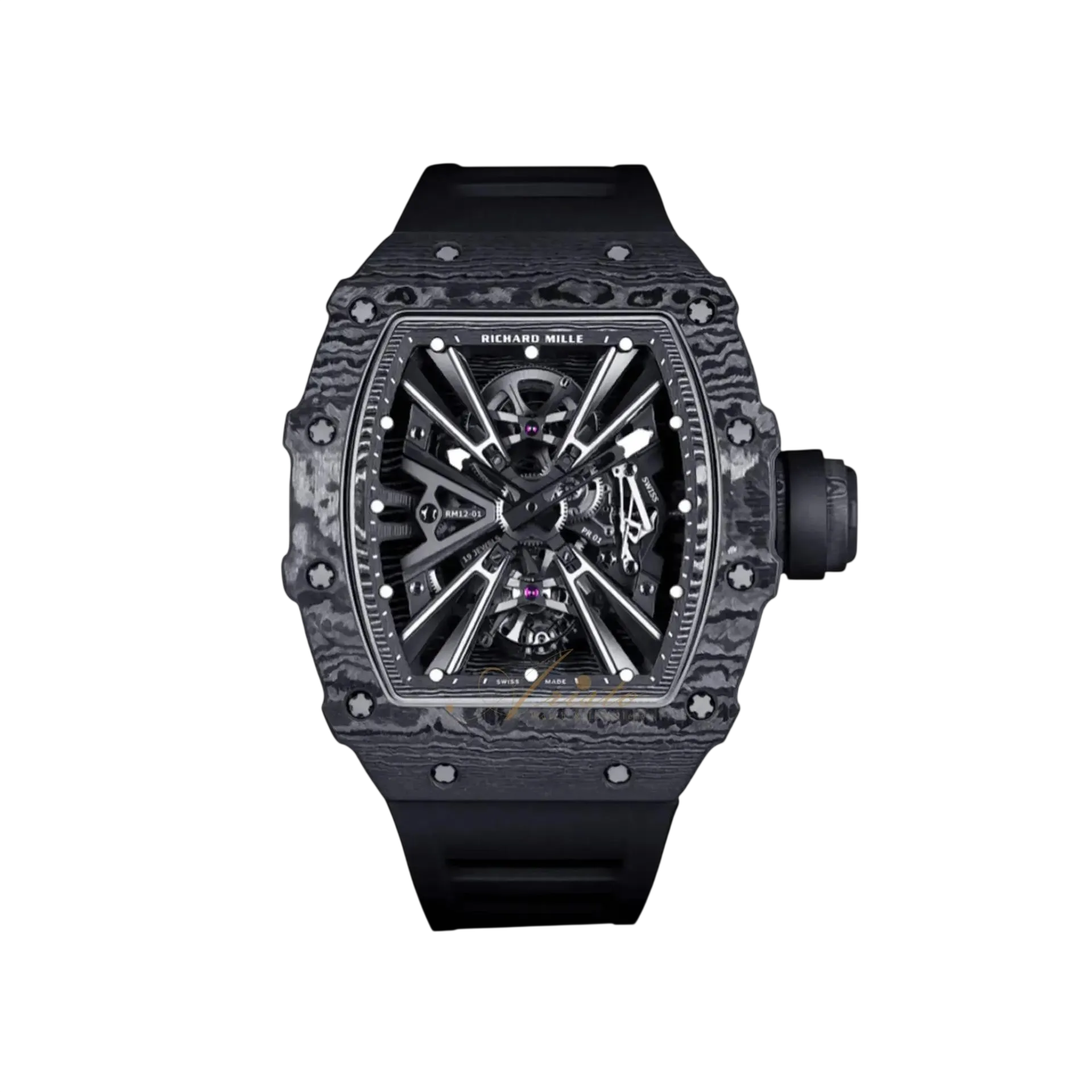 Richard Mille RM 12-01 Tourbillon luxury watch with black Carbon TPT case and skeleton movement