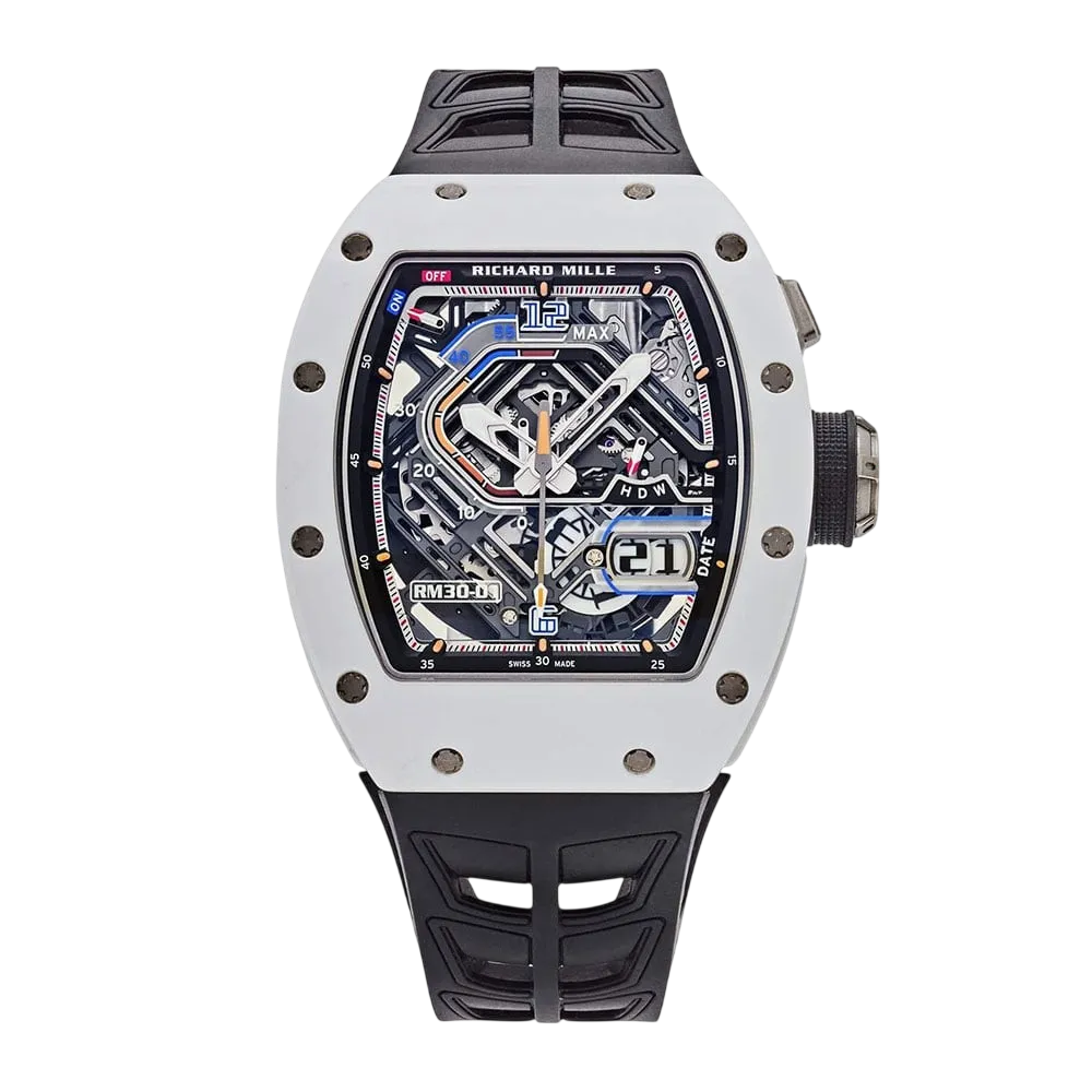 Richard Mille RM 30-01 automatic winding chronograph luxury watch with skeleton dial and white case
