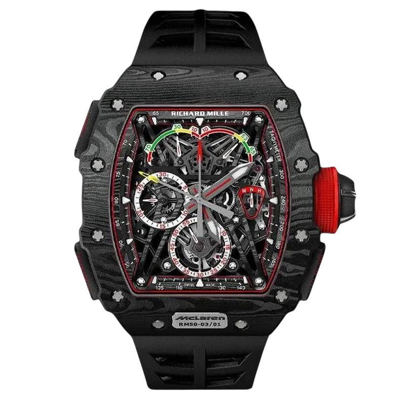 Richard Mille RM 50-03 McLaren F1 tourbillon split seconds chronograph luxury watch with carbon case and skeleton dial