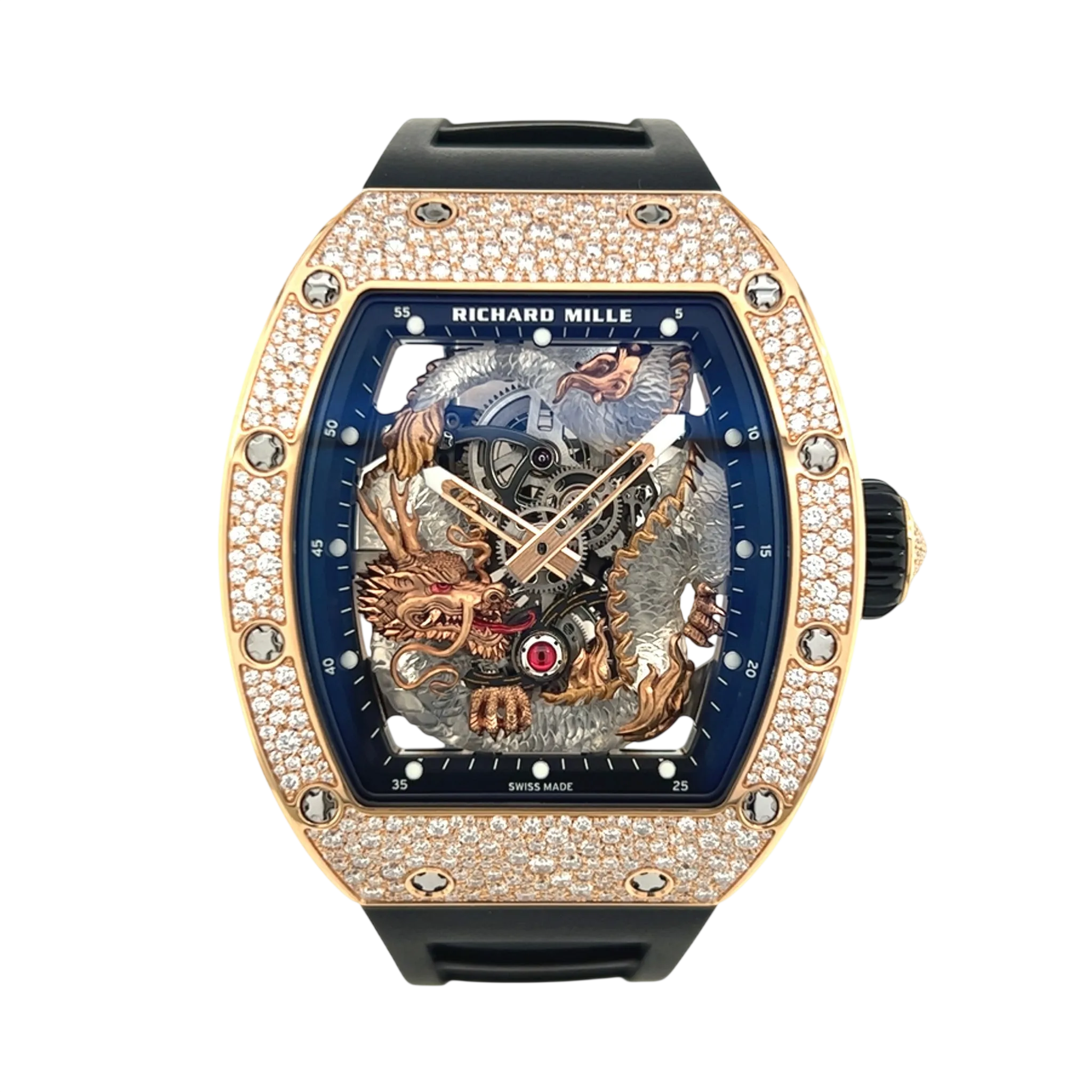 Richard Mille RM 57-01 Dragon tourbillon luxury watch with diamond set rose gold case and skeleton movement