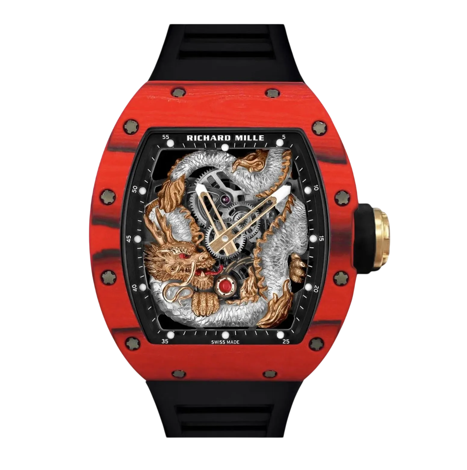 Richard Mille RM 57-03 Dragon tourbillon luxury watch with red quartz case and skeleton movement
