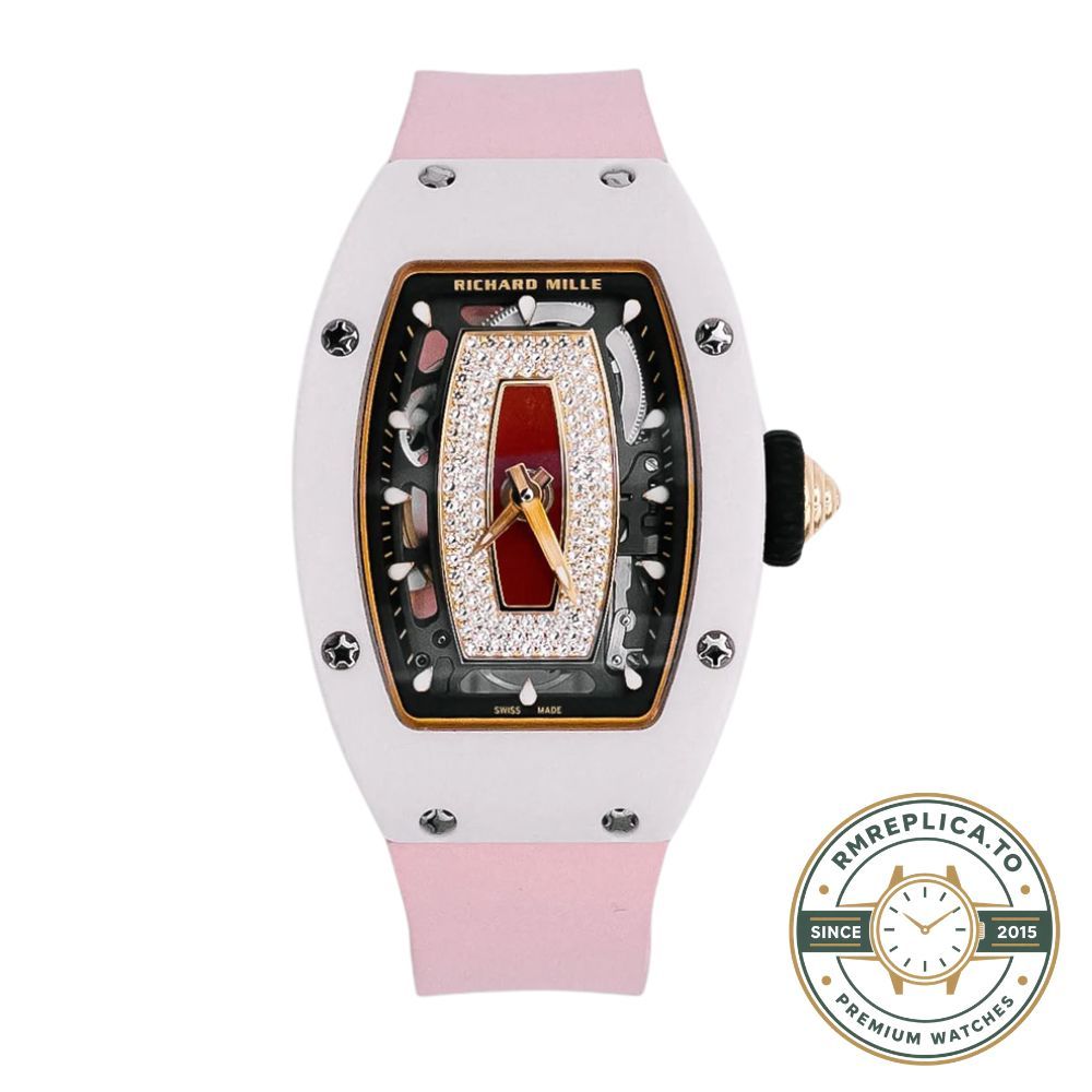 Best Richard Mille replica RM 07-01 crown detail on pink ceramic case – best richard mille replica