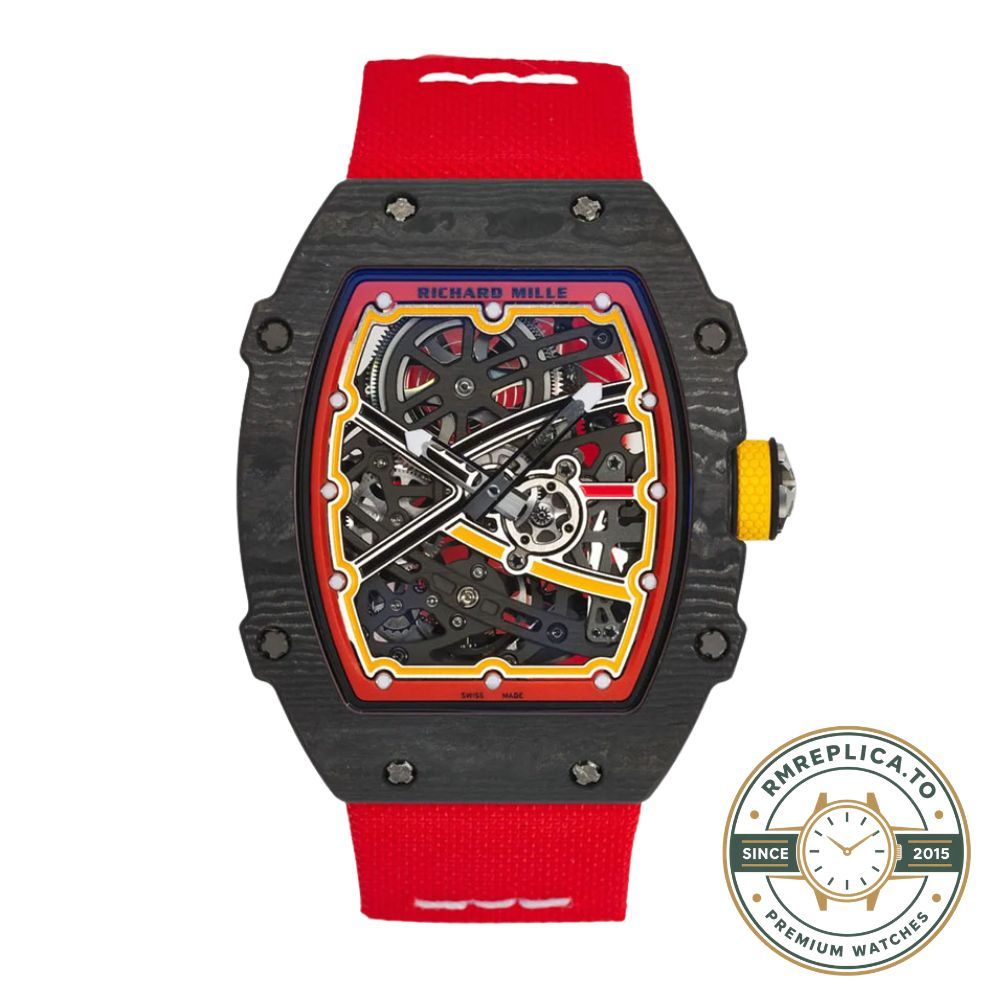 Richard Mille RM67-02 V4 black carbon fiber skeleton watch red mid case red strap side detail thin profile view – richard mille replicas
