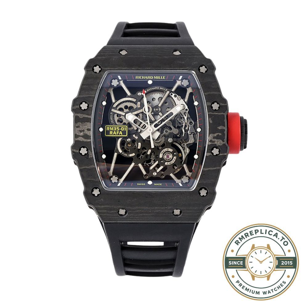 Richard Mille RM35-01 Rafa black rubber strap deployant clasp engraving detail view – best richard mille replica