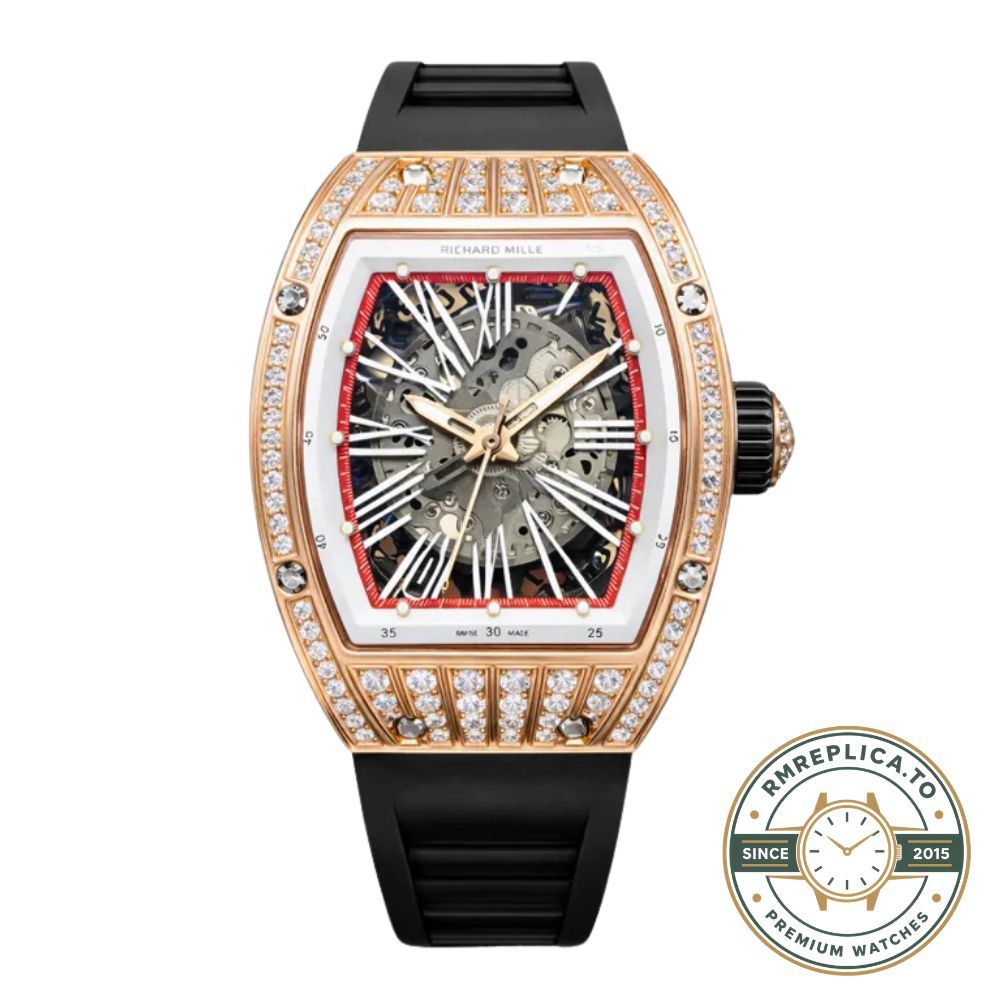 Richard Mille replicas RM 023 wearing effect 1 on wrist with rose gold diamond-set case – richard mille replicas