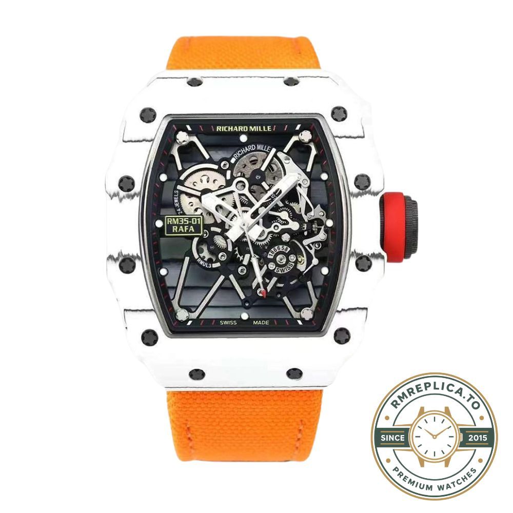 Best Richard Mille replica RM35-01 Rafael Nadal white NTPT carbon case crown side detail – best richard mille replica