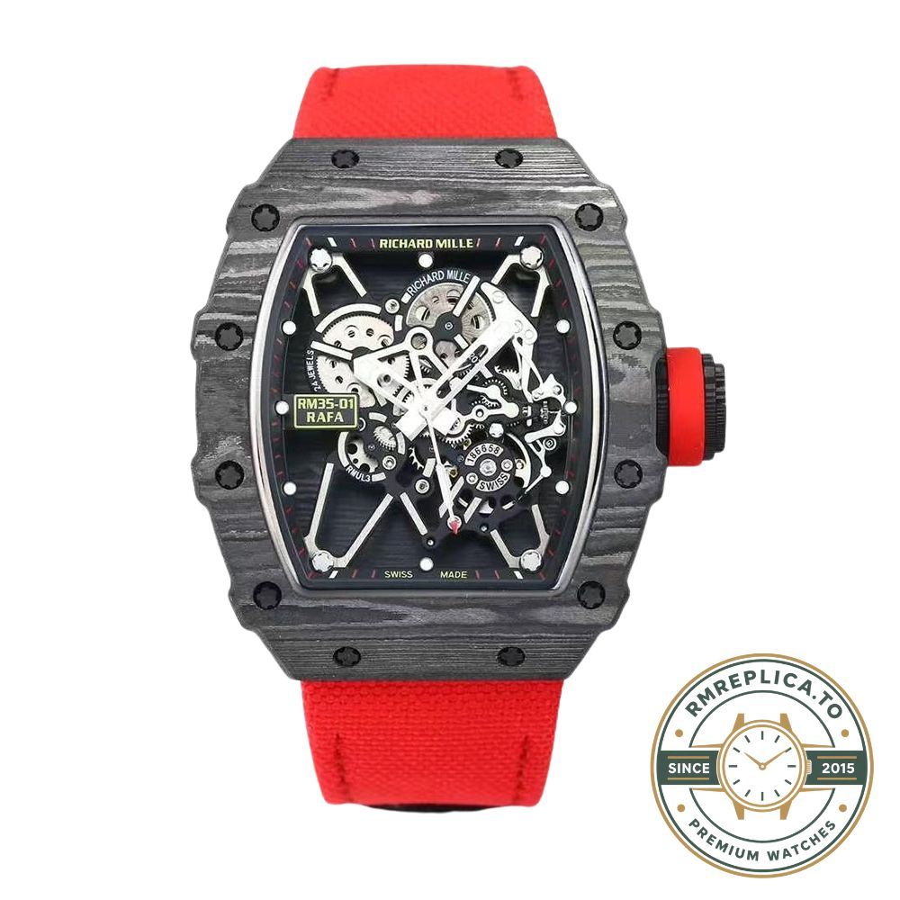 Best Richard Mille replica RM 35-01 Rafael Nadal carbon fiber case red strap side profile crown detail – best richard mille replica