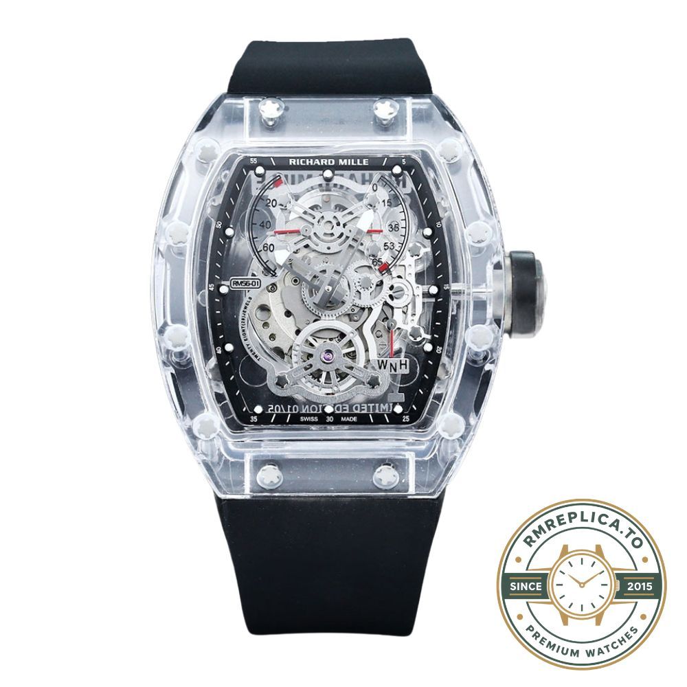 Richard Mille replicas RM56-01 transparent case with black strap front view dial display – richard mille replicas