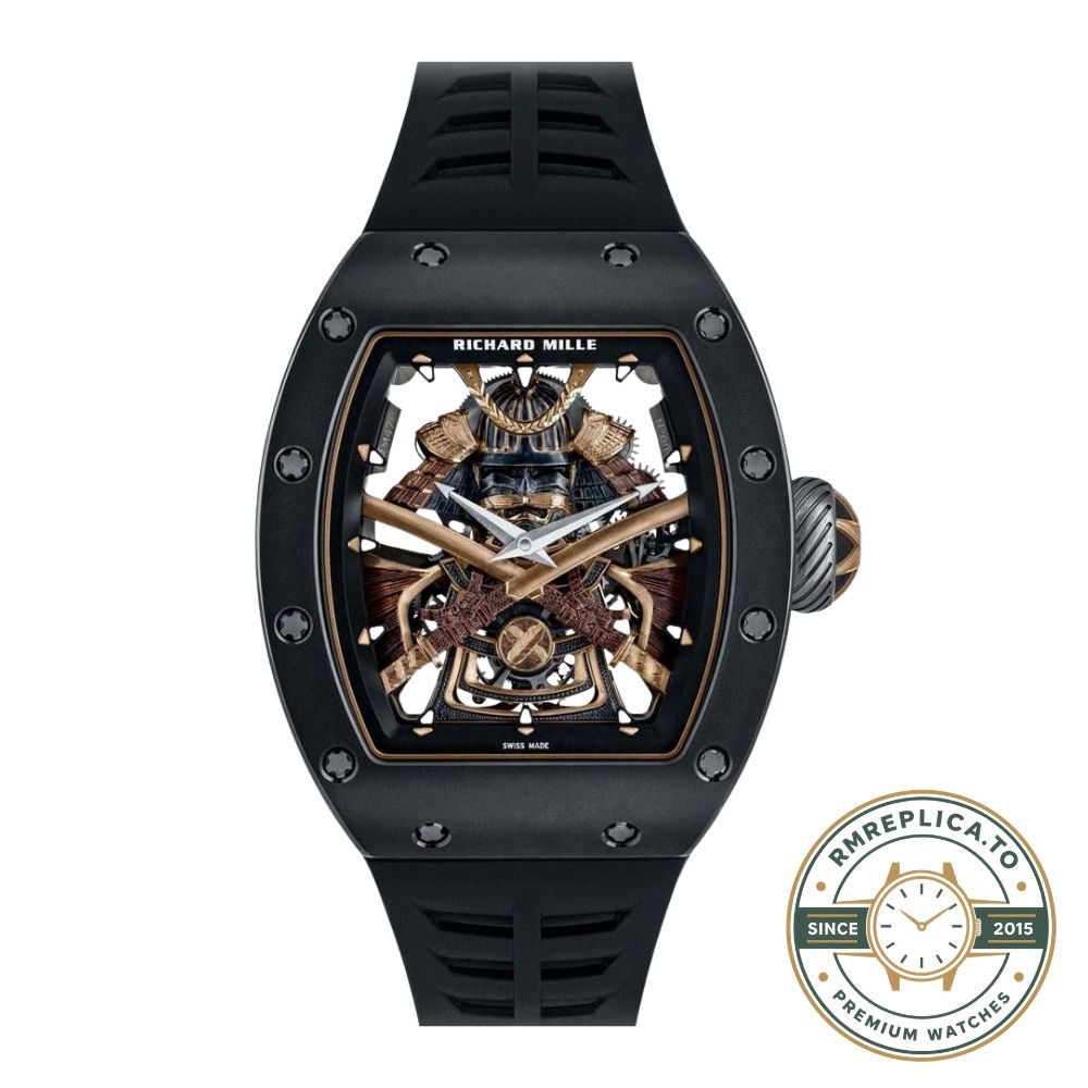 Richard Mille replicas RM47 samurai tourbillon watch handheld front lifestyle view, black case and black rubber strap – richard mille replicas