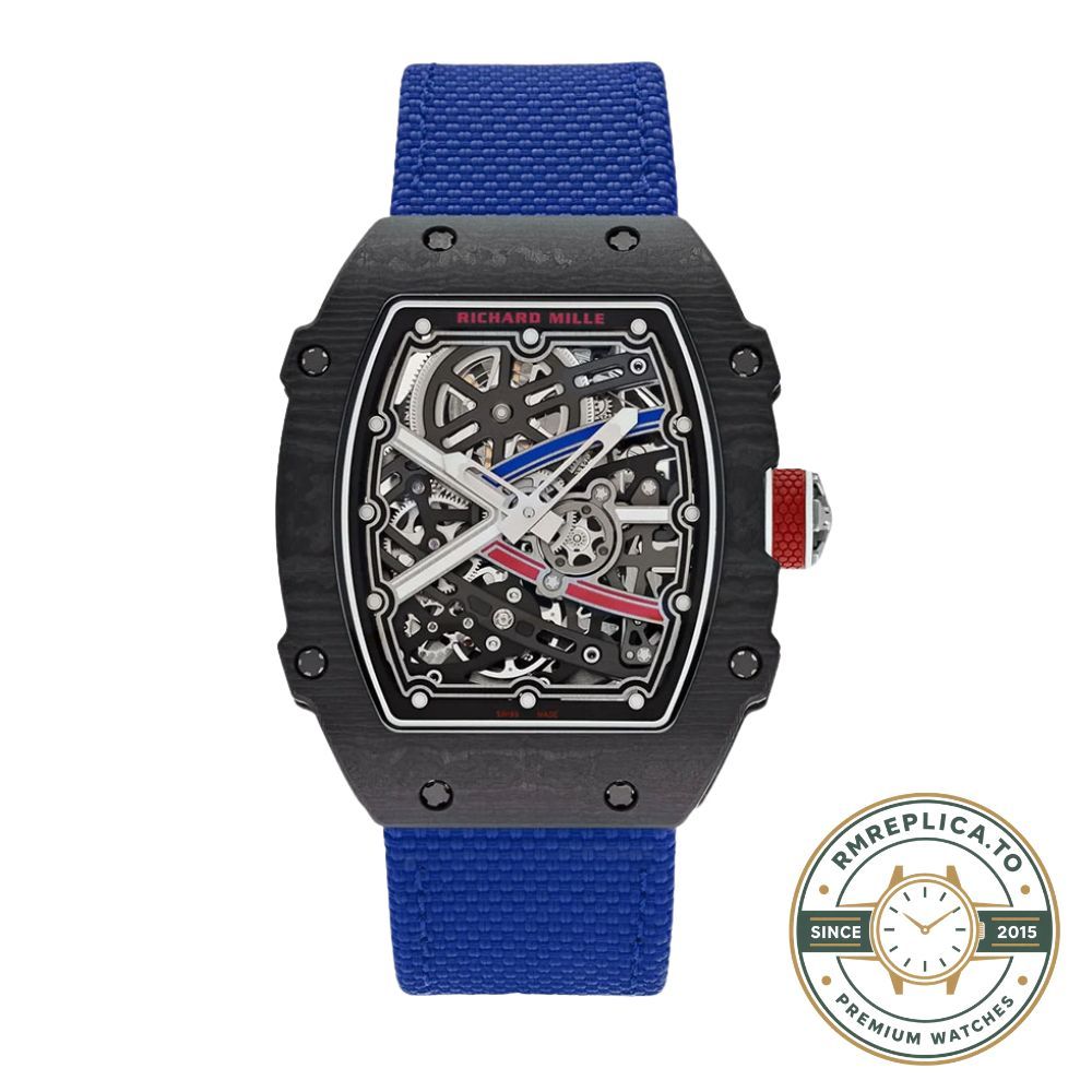 Richard Mille replicas RM67-02 V4 black carbon case skeleton dial blue sapphire detail view – richard mille replicas