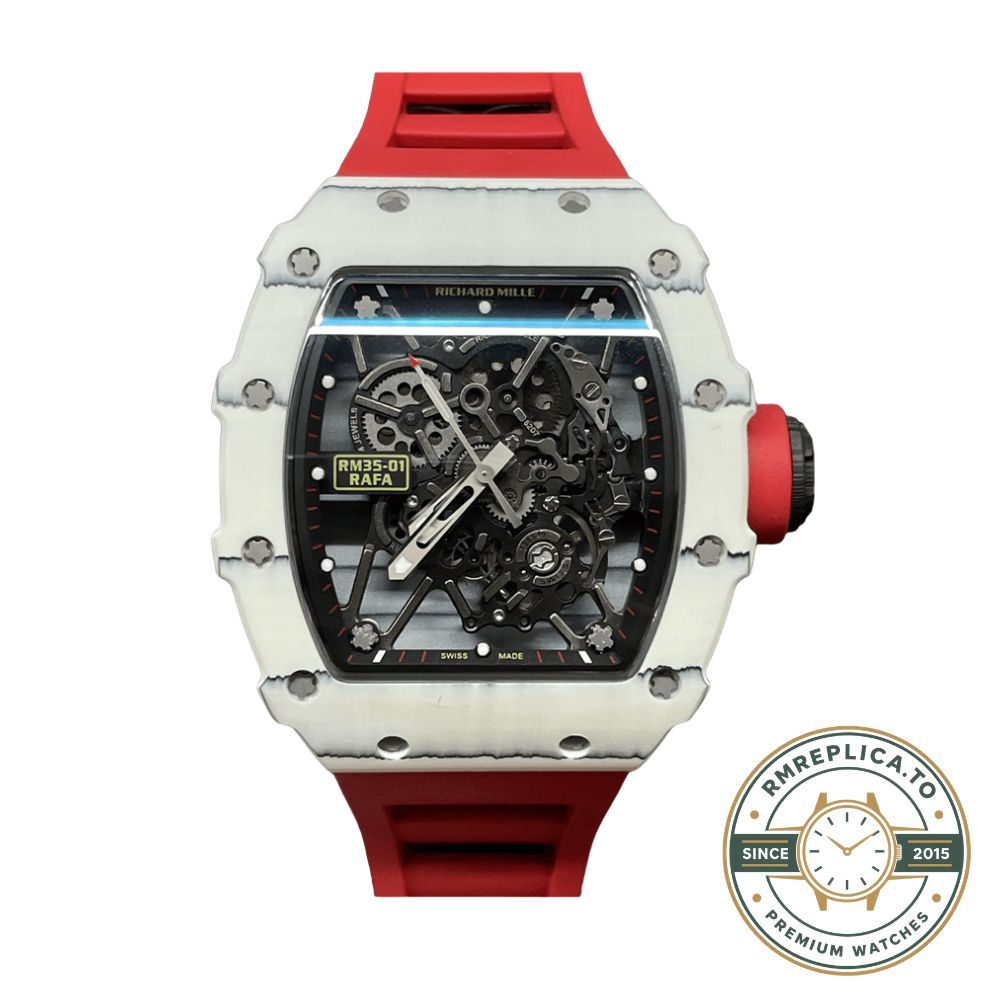 Richard Mille RM 35-01 Rafael Nadal replica white carbon case red strap watch front view with skeleton dial – richard mille replica
