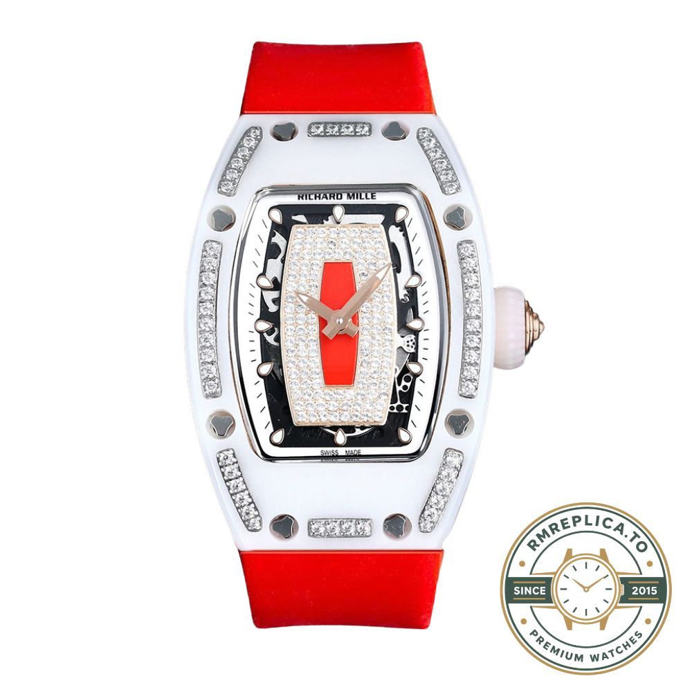 Richard Mille clone RM07-01 ceramic diamond red rubber strap white case strap buckle detail – richard mille clone