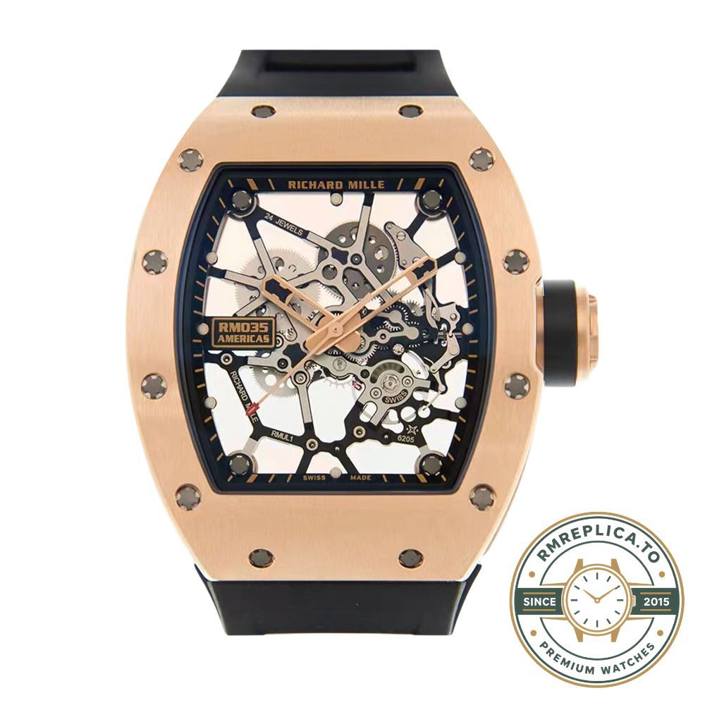 Richard Mille replicas RM035 Americas Edition rose gold case black rubber strap case side detail – richard mille replicas