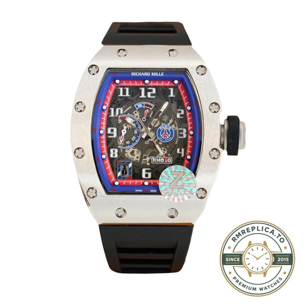 Luxury Super Clone Richard Mille RM 030 Replica PSG Watch with skeleton dial, titanium case and black rubber strap main image – richard mille replica